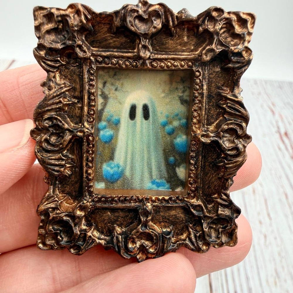 Handmade Miniature Ghost Magnet Ornate Bronze Frame Blue Hearts Spooky Decor